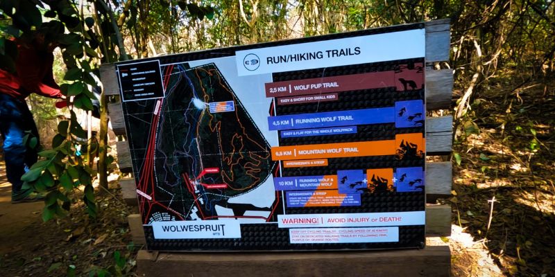 Sign with the different trails and their details at the Wolwespruit Trail Park 