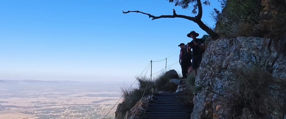 Walking over an wooden bridge at the Rustig Hiking Trails