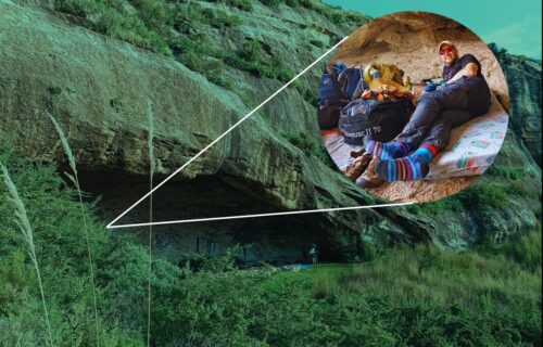 Overhanging cave on the Mount Perazim hiking trail at St. Fort Farm, Clarens