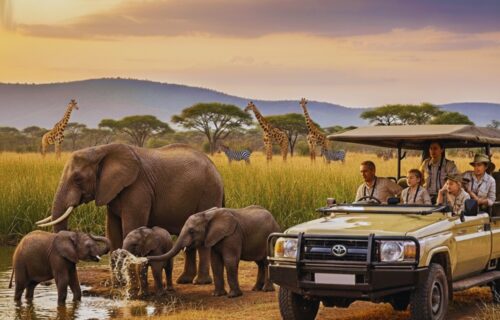 Toursits on a Safari vehicle looking at Elephants, Zebras, & Giraffes as part of Mahal and SANParks Week.