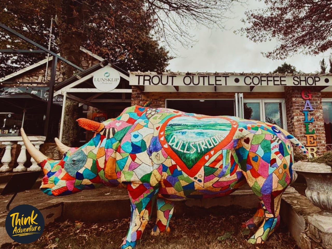 Rhino art decoration in front of a coffee shop in Dullstroom