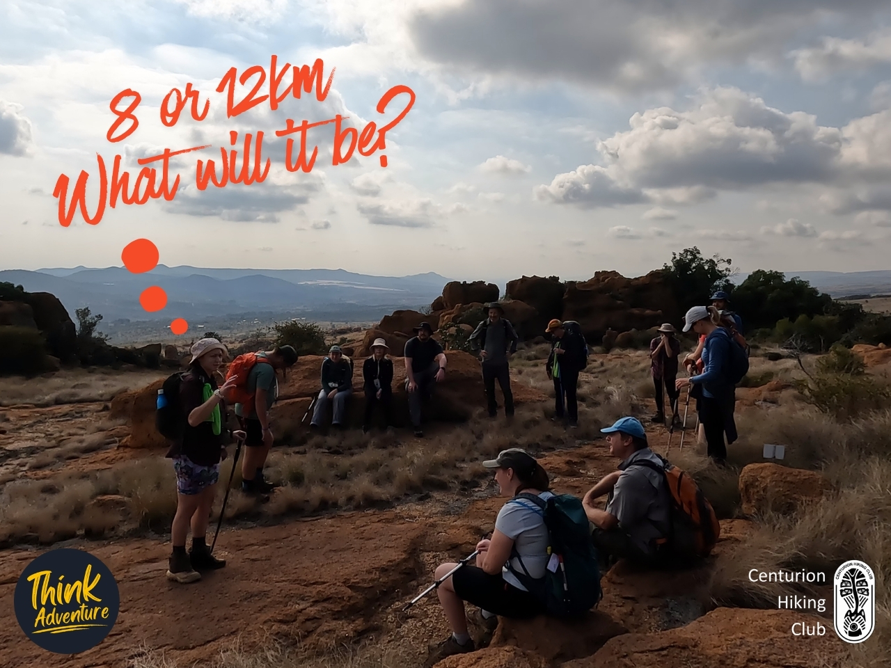 A group of hikers at the 8 or 12km point deciding the way forward at Milorho Hiking Trails