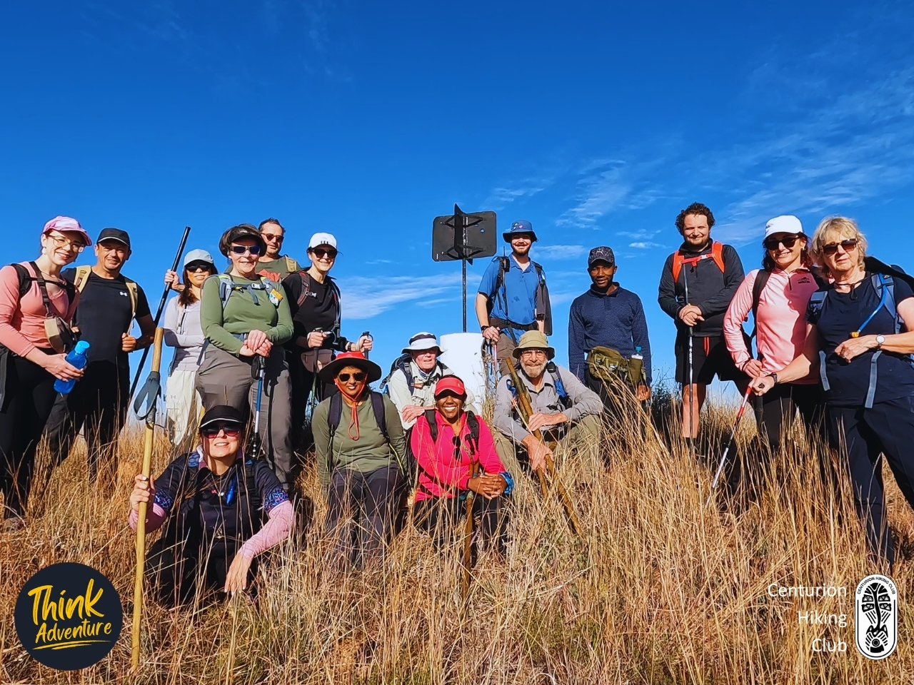 Hikers group photo at the Dolomite Beacon at the Hoogland Hiking Trails