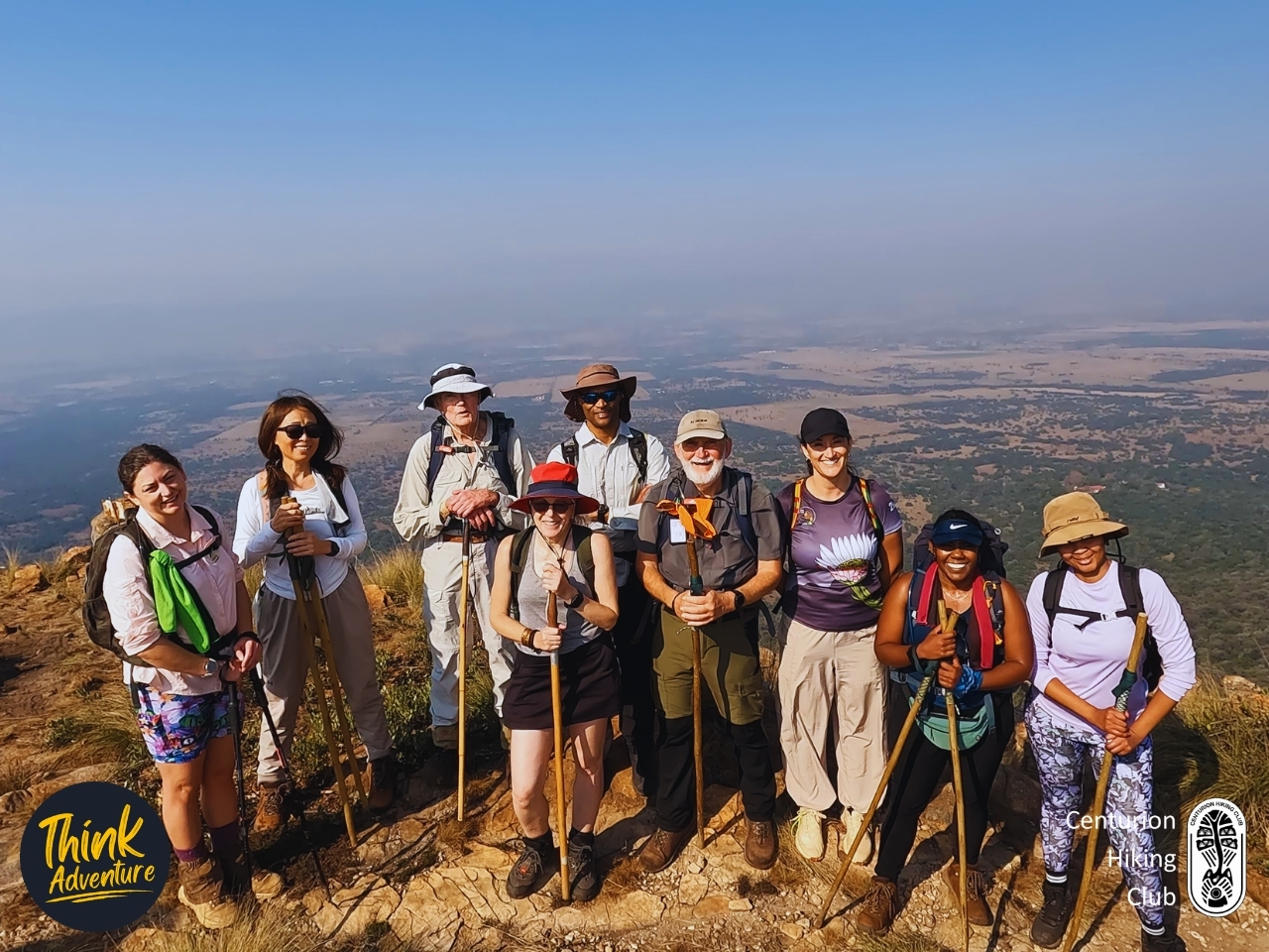 9 Hikers on top of the Magaliesberg Mountain at the Shelter Rock Hiking Trail