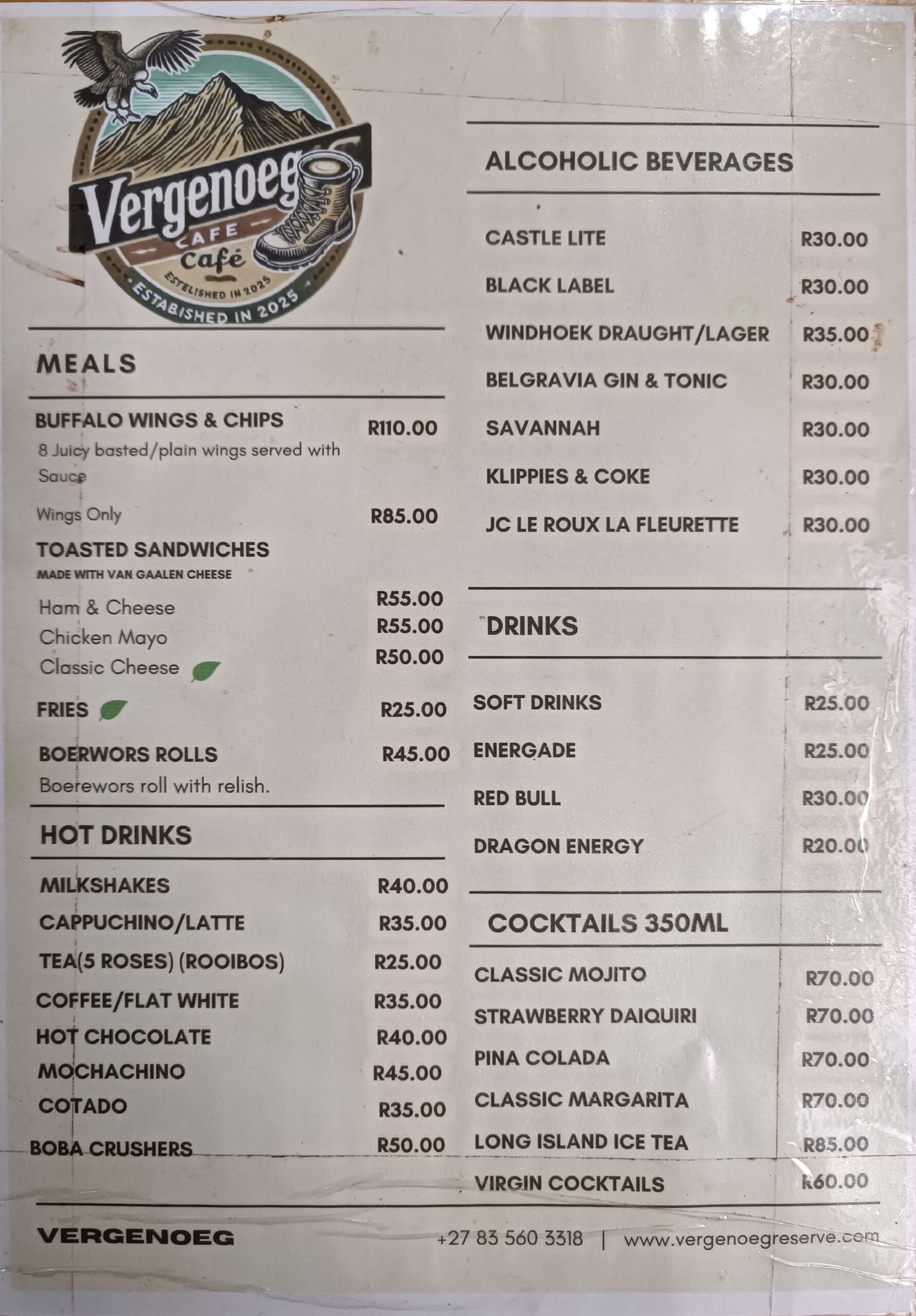Vergenoeg Cafe Menu