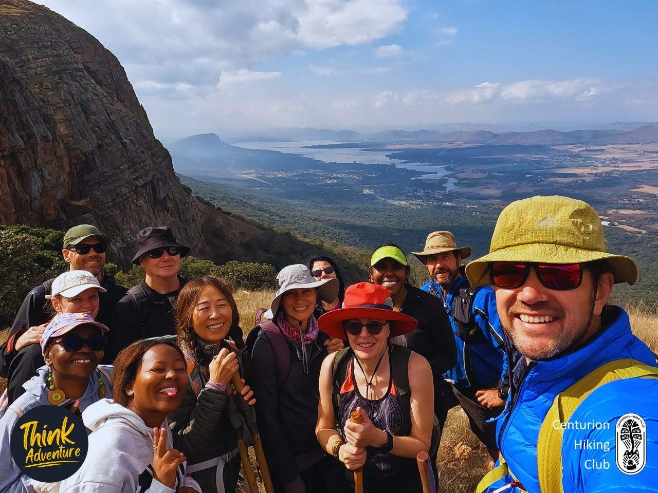 A group photo of hikers at a high point of view on the Black Trail at Vergenoeg Hiking Trails