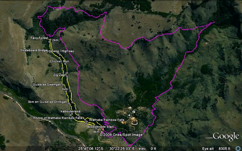 Wathaba trail map of the 4km Bosbok Trail in yellow on a satellite image, marking Wathaba Rainbow Falls, Kabouterland, Skateboard Bridge and Fairy Forest