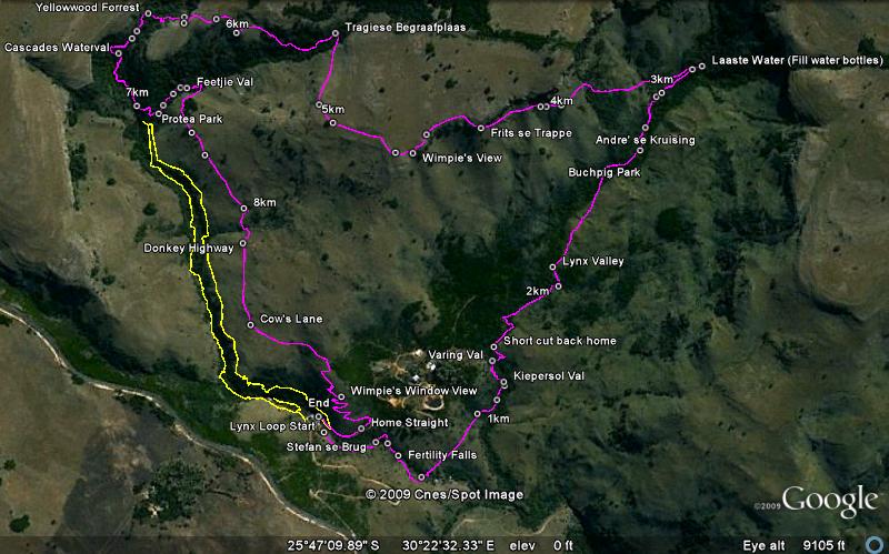 Wathaba trail map of the 10km Lynx Loop in purple on a satellite image, marking Fertility Falls, Laaste Water, Wimpie’s View and the Cascades